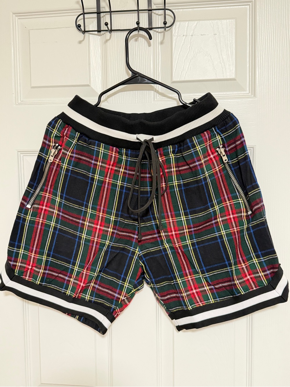 MNML Men's Black Plaid Athletic Shorts with Red & Blue Accents